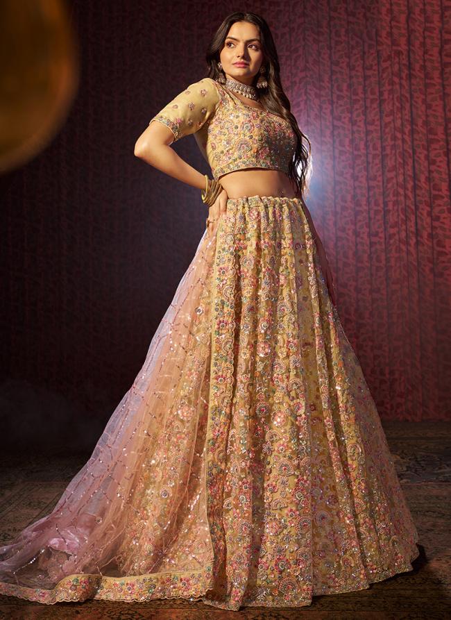 Net Beige Wedding Wear Sequins Work Lehenga Choli